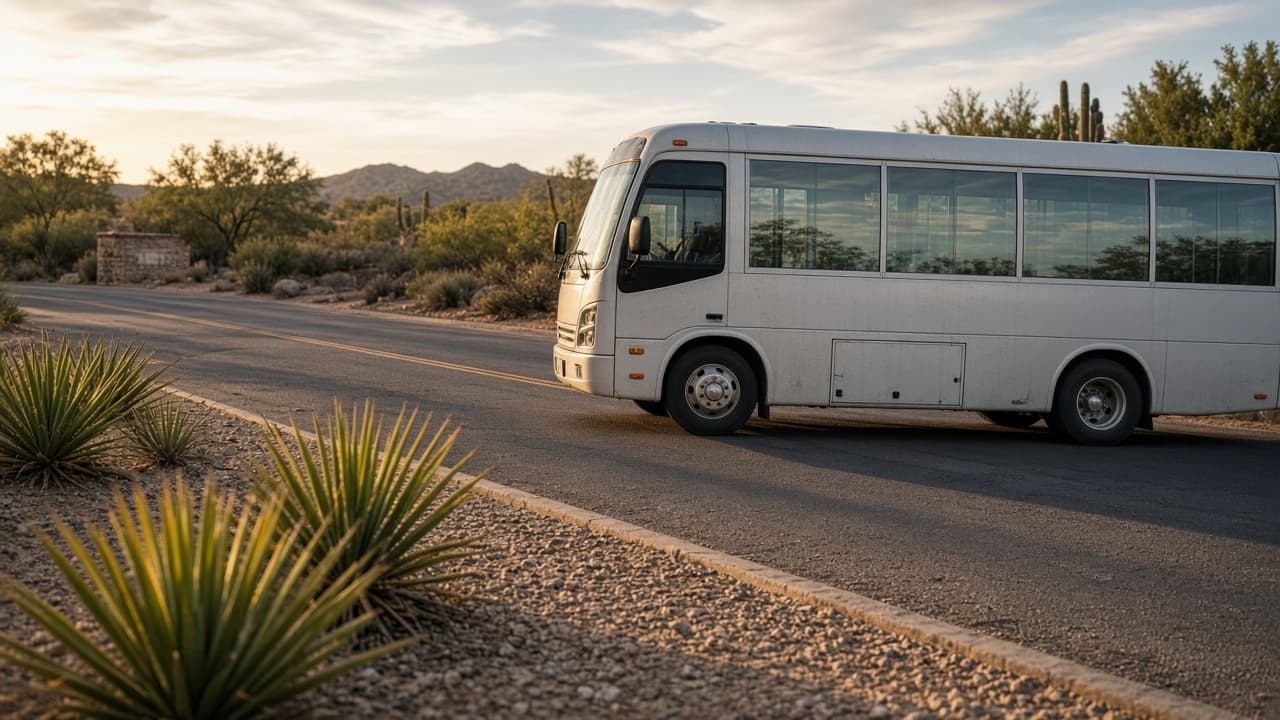 22-passenger shuttle-style coach bus rear view beside saguaros and palms at sunset