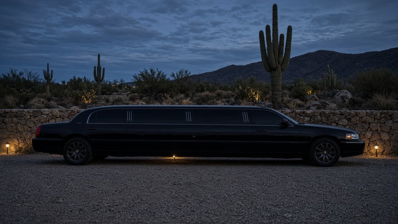 22-passenger stretch limousine waiting at a resort porte-cochère in the evening