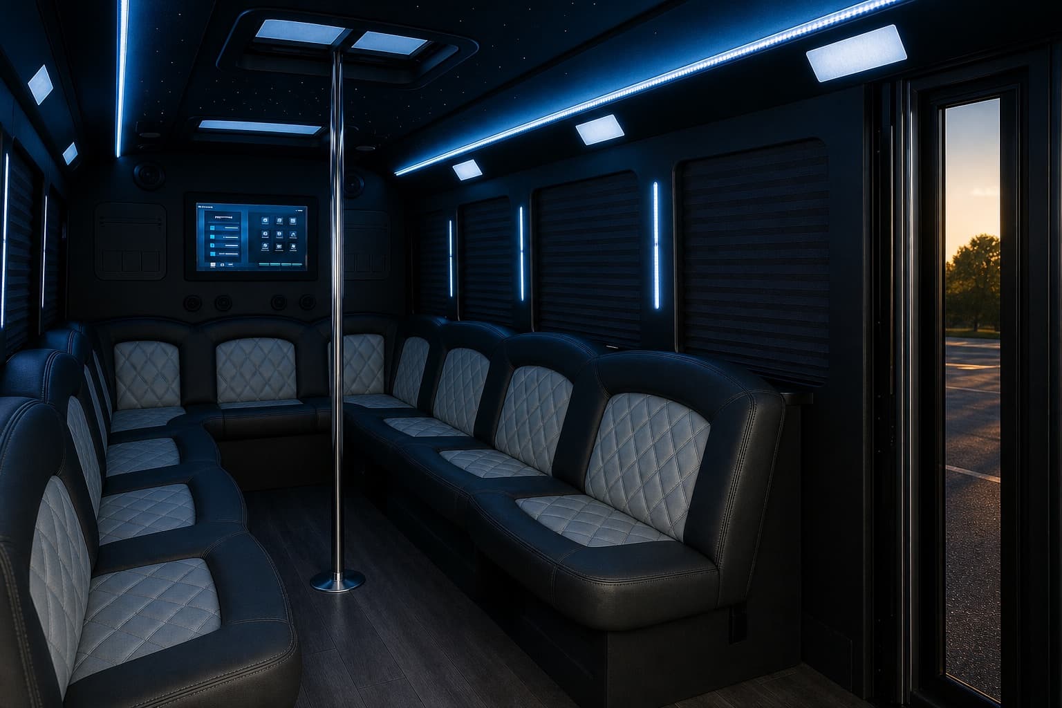 Party bus interior with perimeter leather seating, a dance pole, and blue LED lighting