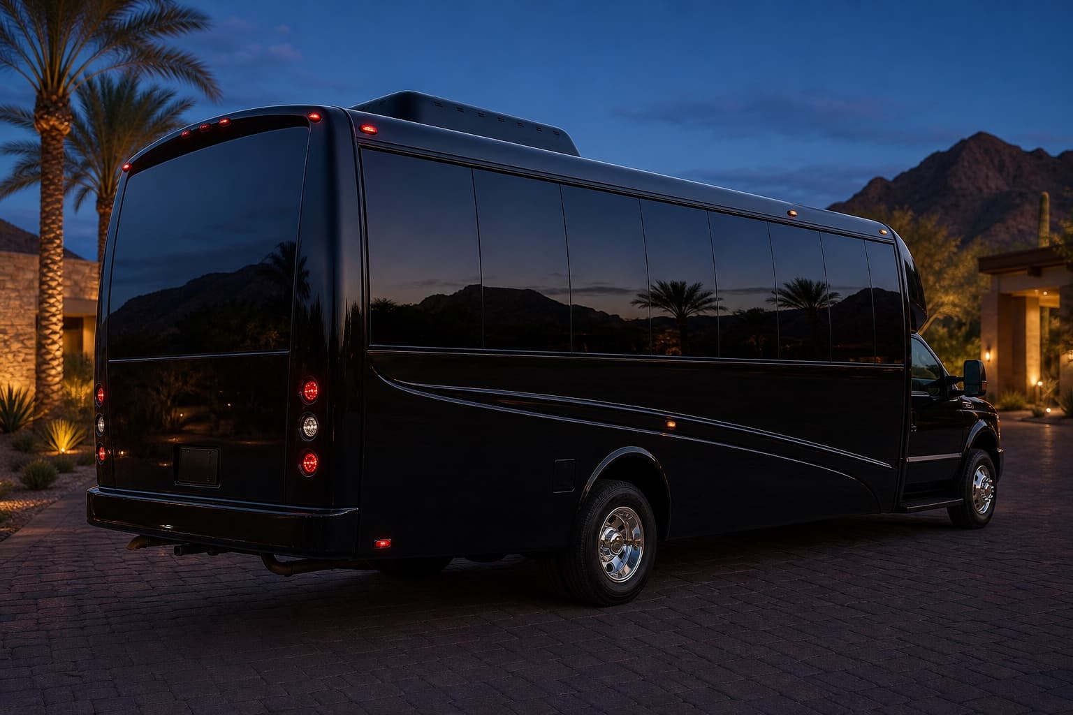 24-passenger shuttle-style coach bus on a paver driveway with desert mountains behind it