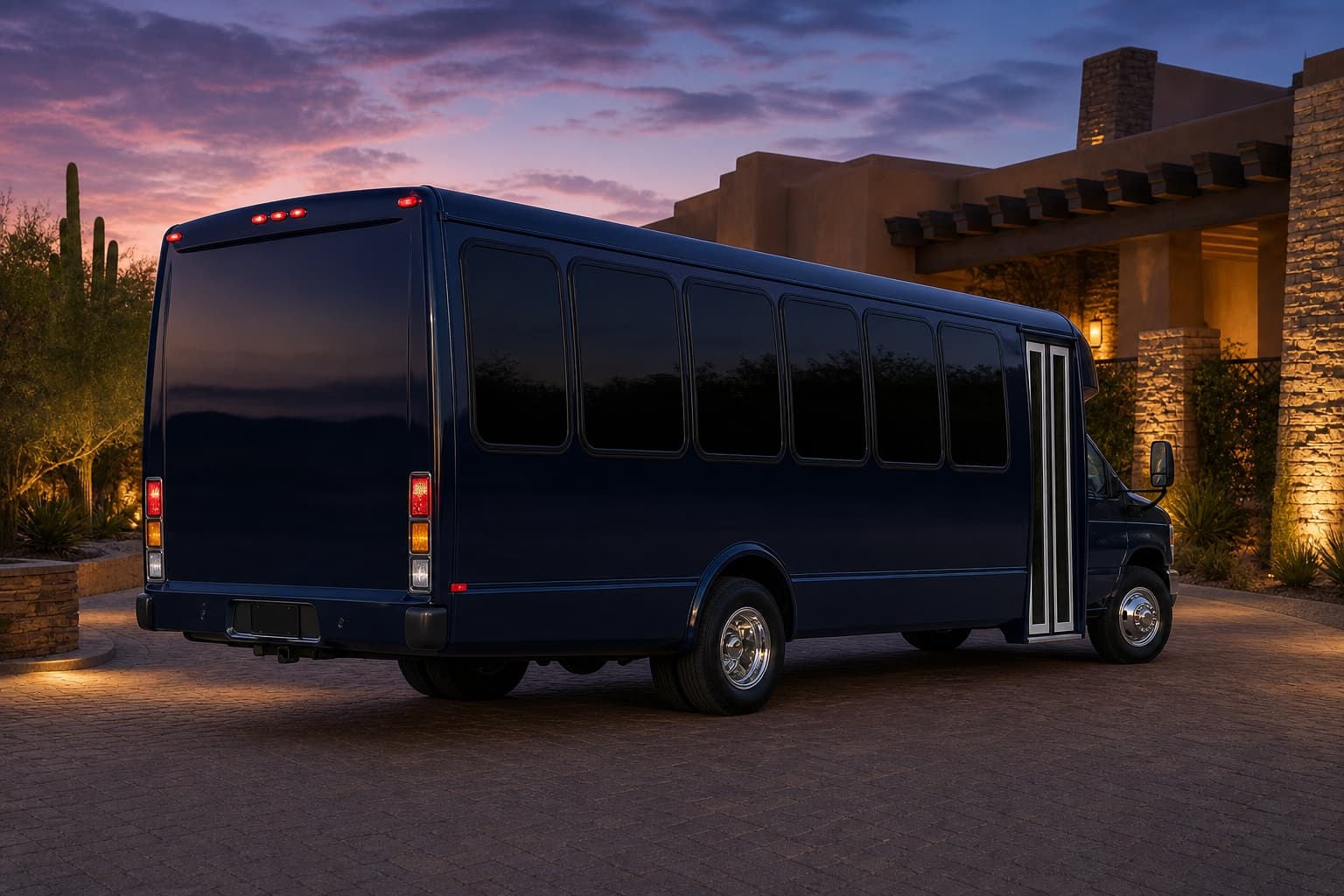 24-passenger party bus ready for a pickup in a Phoenix-area neighborhood