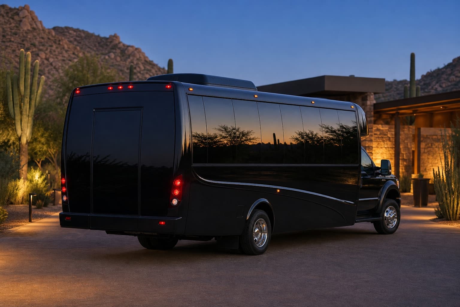 26-passenger shuttle-style coach bus at a Scottsdale resort entrance at dusk