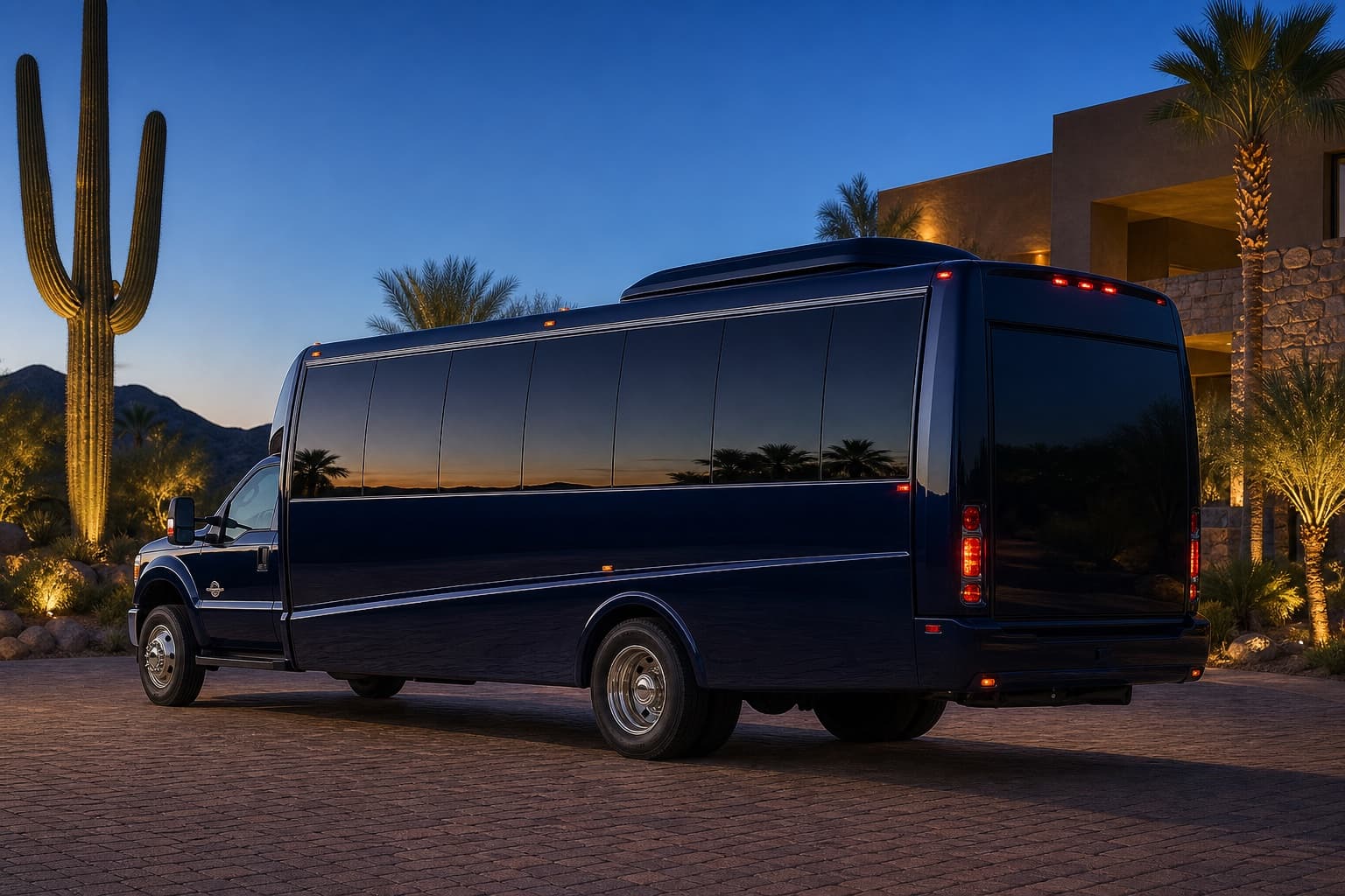 26-passenger party bus at a Scottsdale resort entrance at dusk