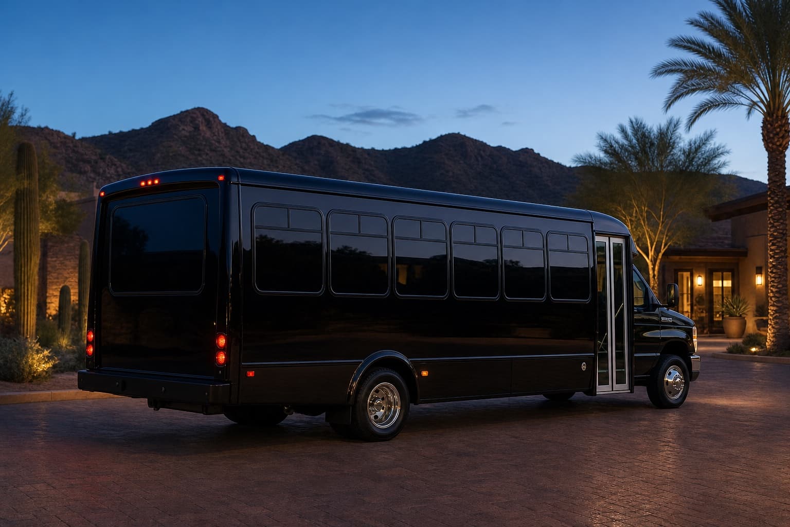 28-passenger shuttle-style coach bus rear view beside saguaros and palms at sunset
