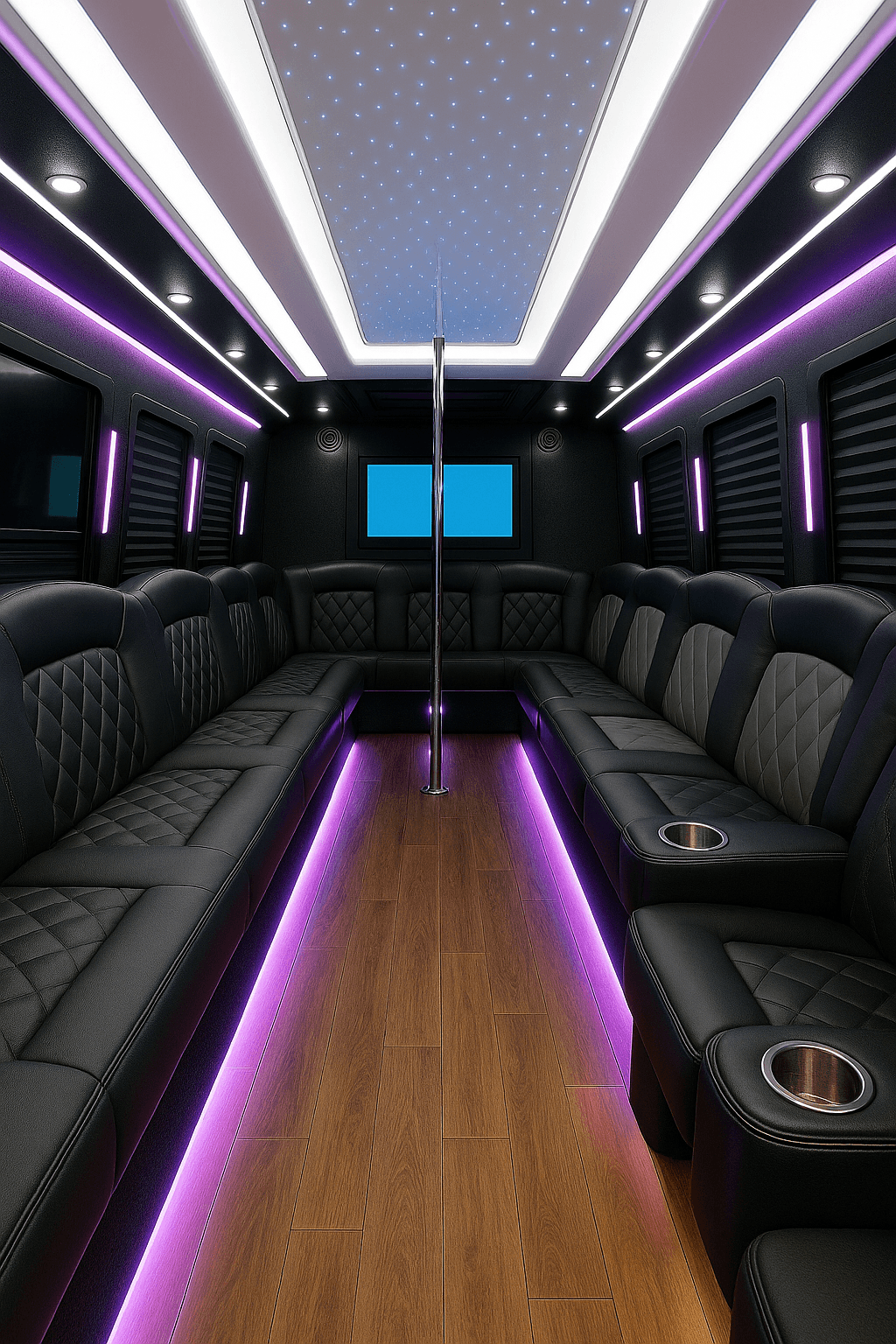 Interior of a 28-passenger party bus with wrap-around perimeter seating and an open center aisle