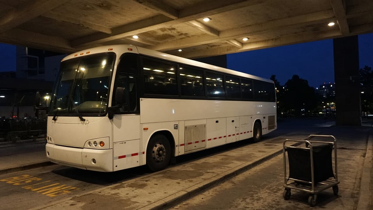 30-passenger shuttle-style coach bus on a paver driveway with desert mountains behind it