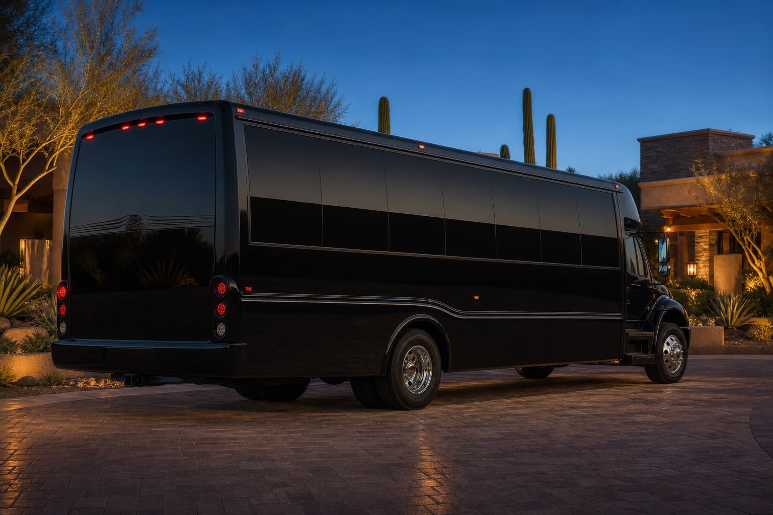 Black party bus parked in front of a desert resort at dusk
