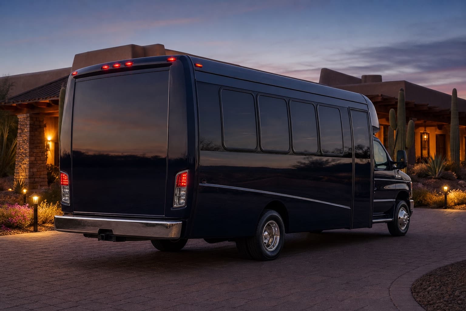 32-passenger shuttle-style coach bus at a Scottsdale resort entrance at dusk