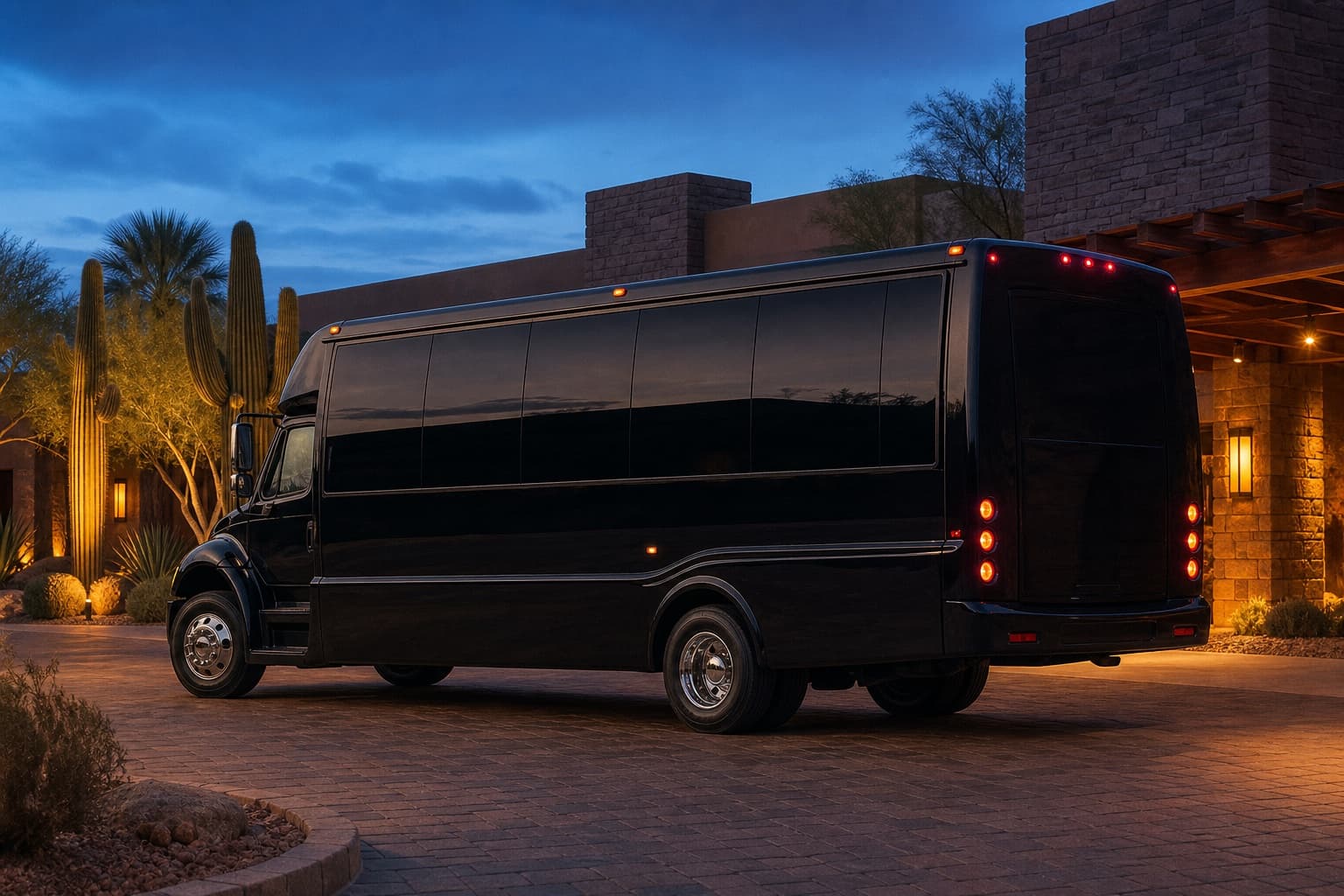 32-passenger party bus at a Scottsdale resort entrance at dusk