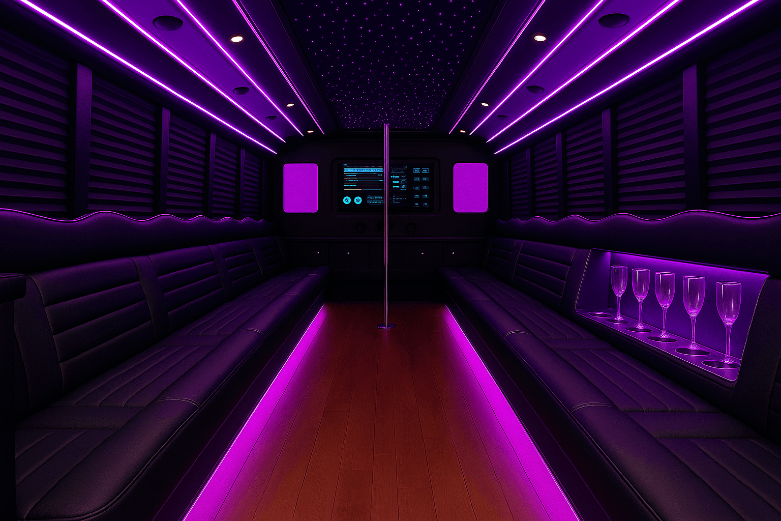 Interior of a large party bus with wraparound seating, a bar area and colored LED ceiling lighting