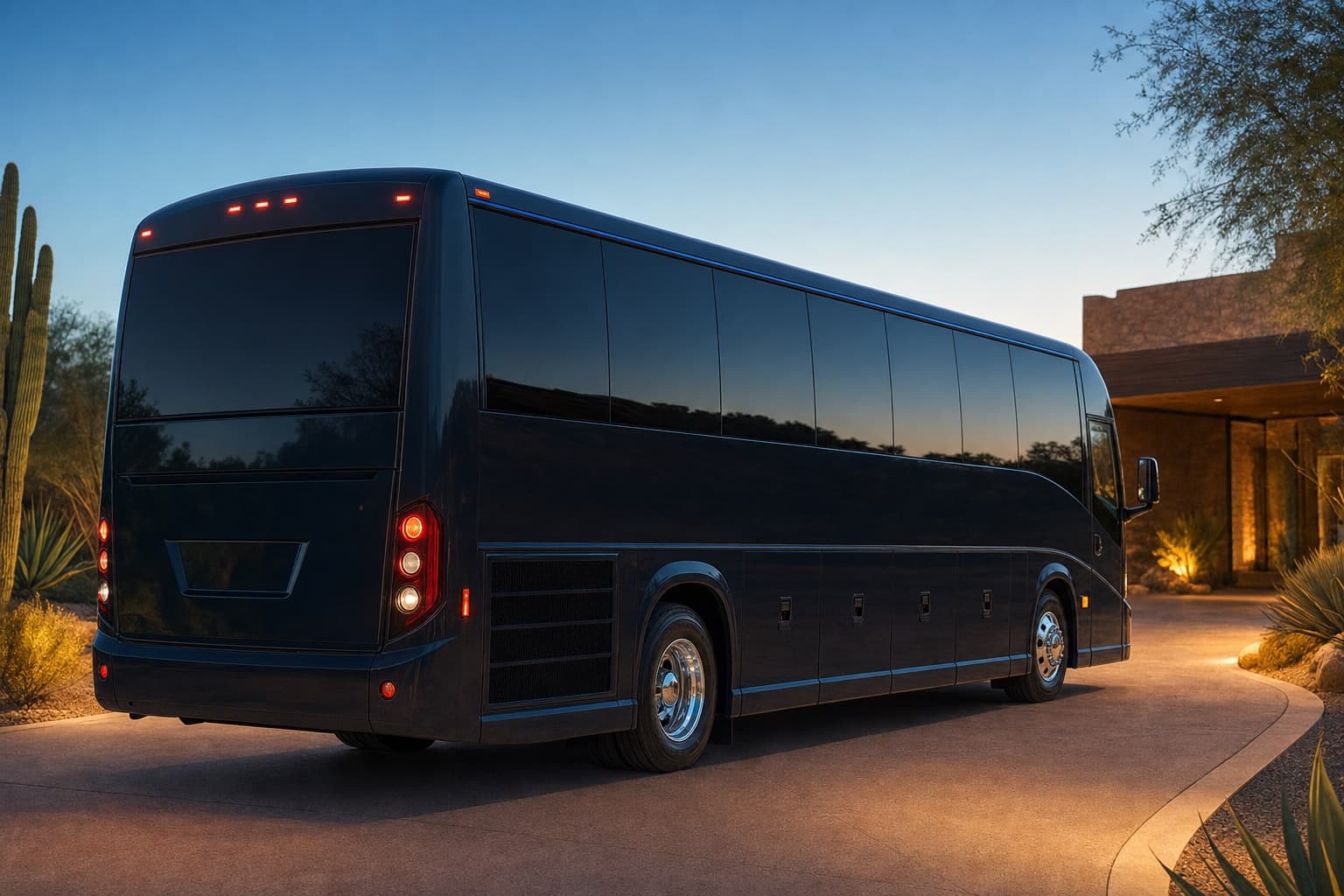 34-passenger shuttle-style coach bus rear view beside saguaros and palms at sunset