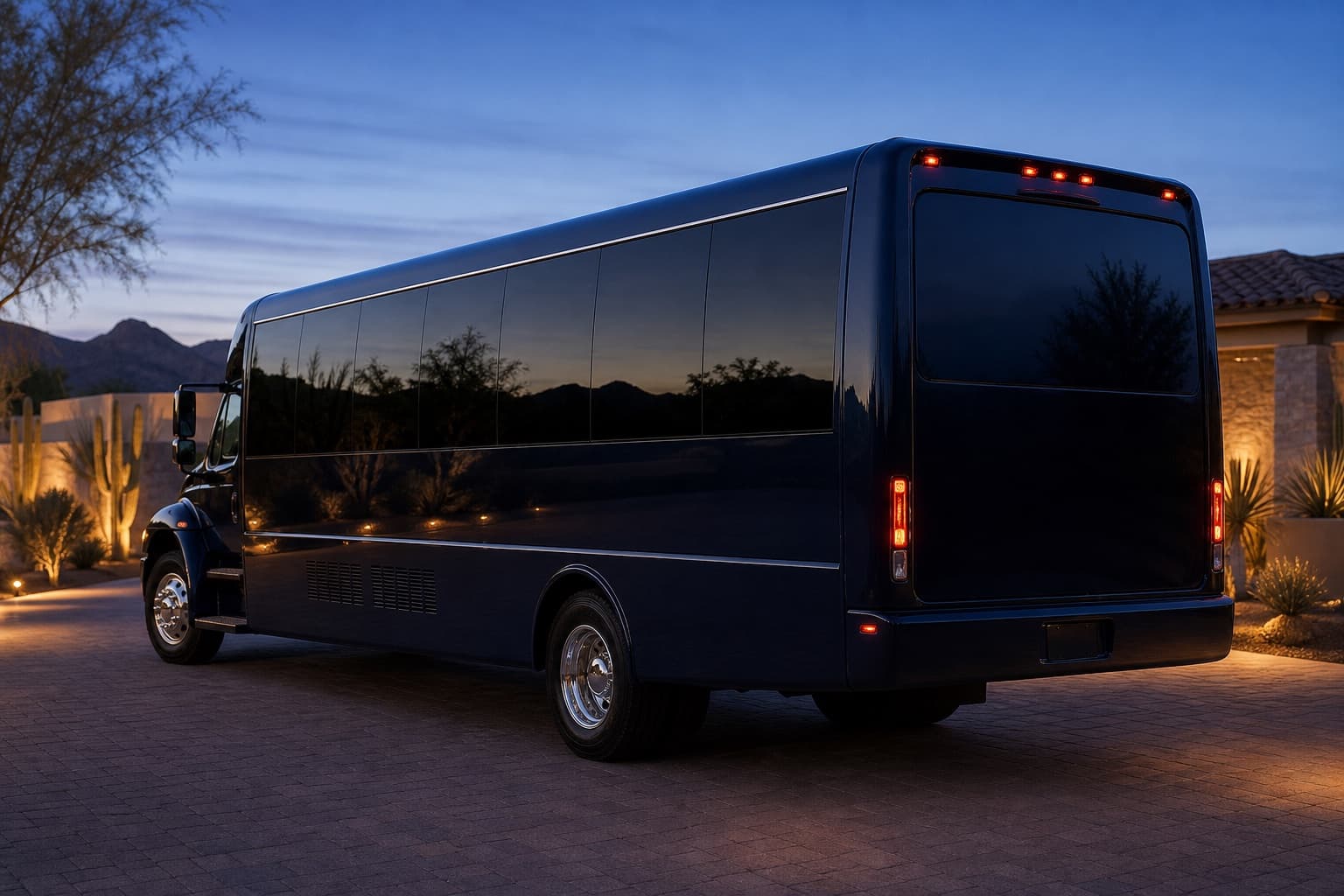 34-passenger party bus rear view beside saguaros and palms at sunset