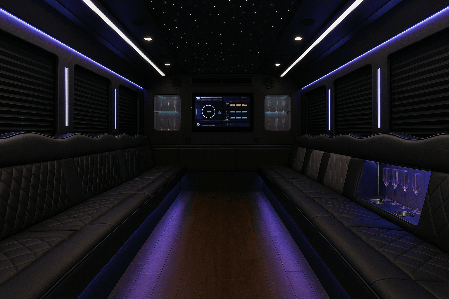 Party bus interior with perimeter seating and colored LED lighting reflecting off the ceiling and floor