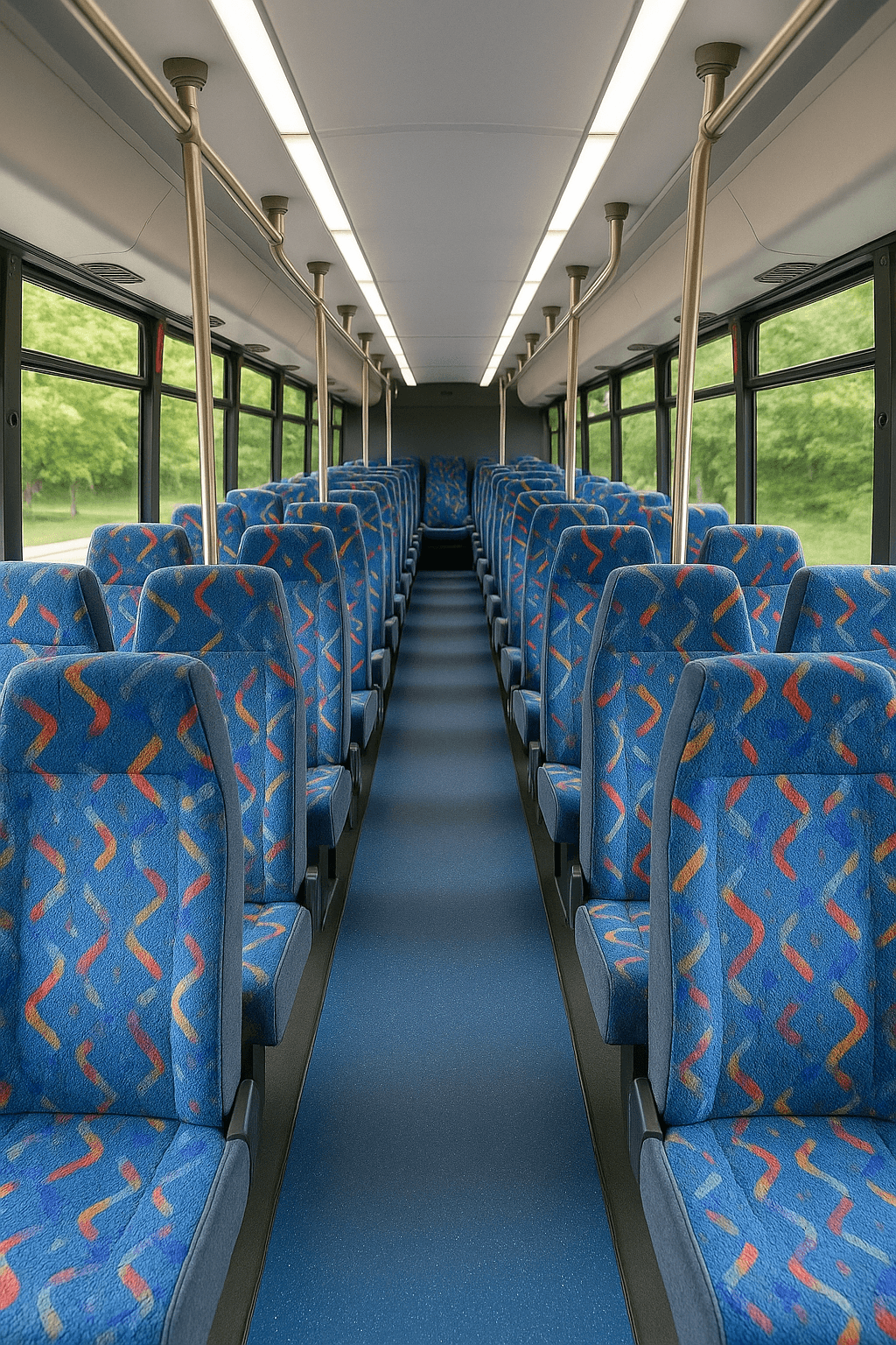 Interior of the 36-Passenger Coach Bus, a common pick for family reunions groups