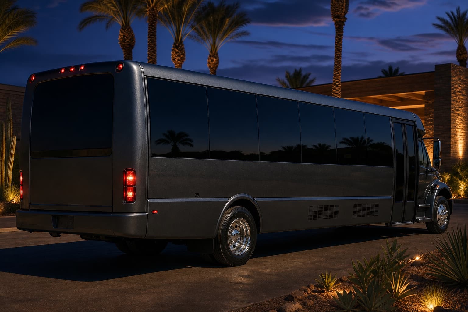 36-passenger party bus on a paver driveway with desert mountains behind it