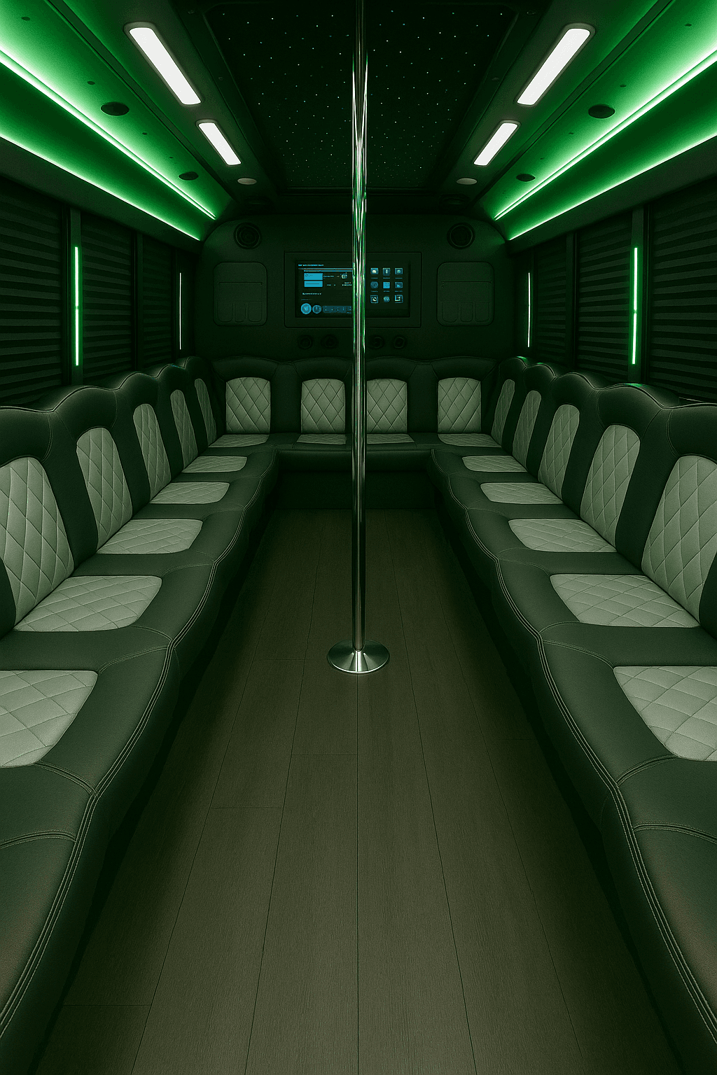 Large party bus cabin with long bench seating, ceiling speakers and LED lighting along the aisle