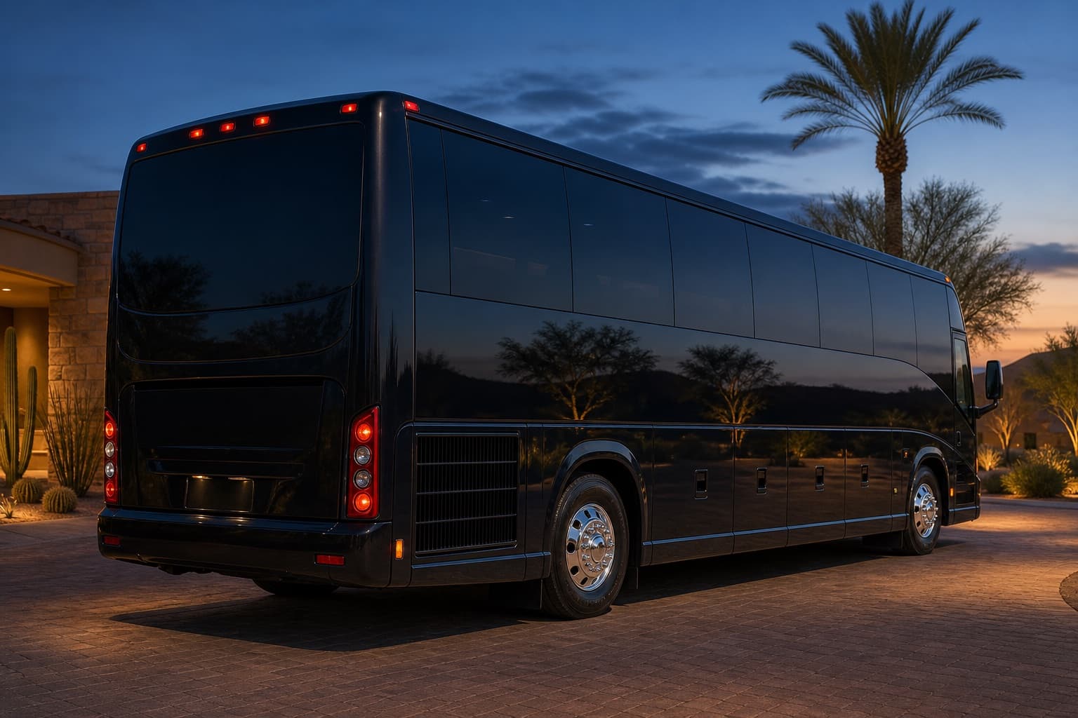 38-passenger shuttle-style coach bus at a Scottsdale resort entrance at dusk