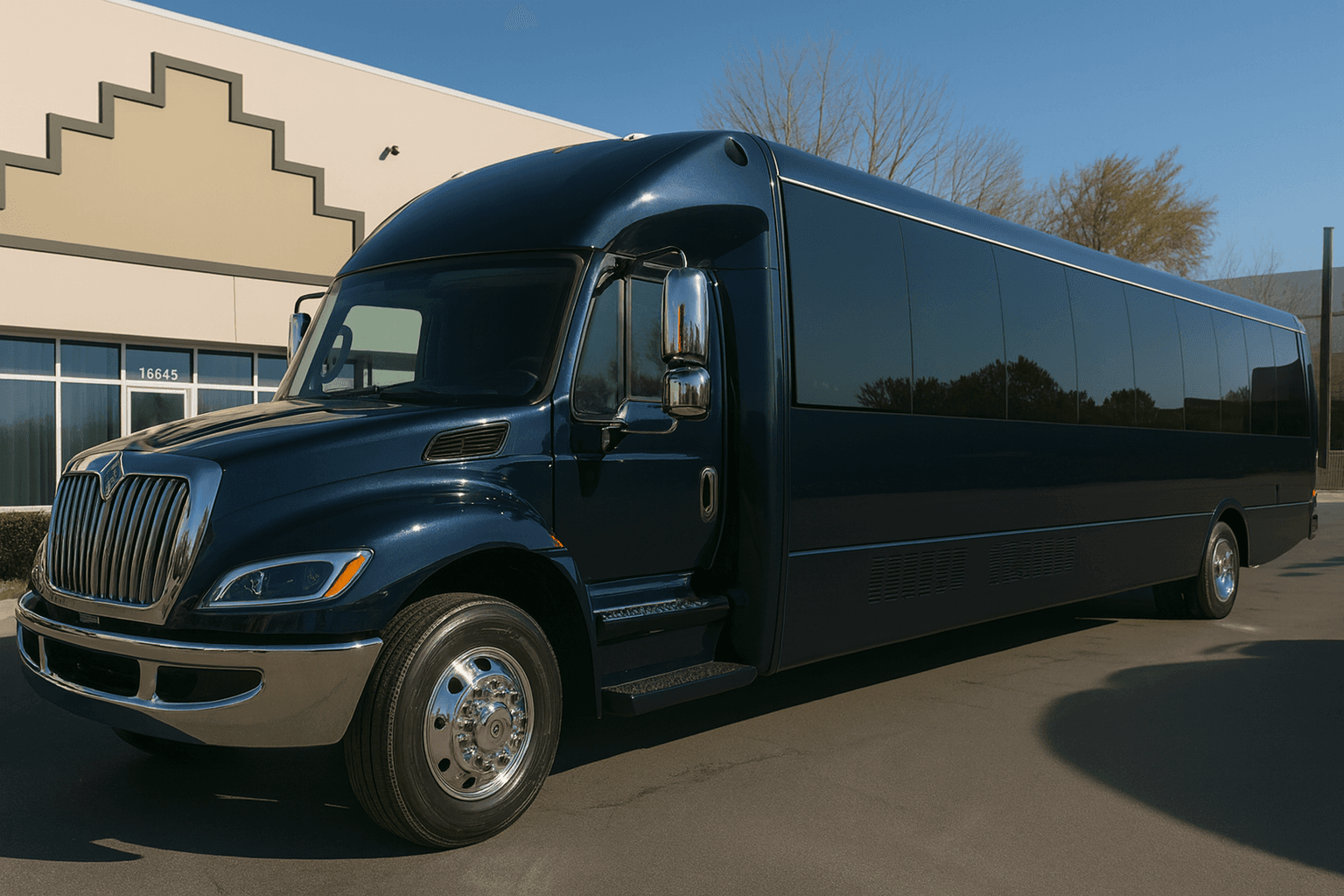 Exterior of a large party bus parked at the curb with its passenger door open and ready for boarding