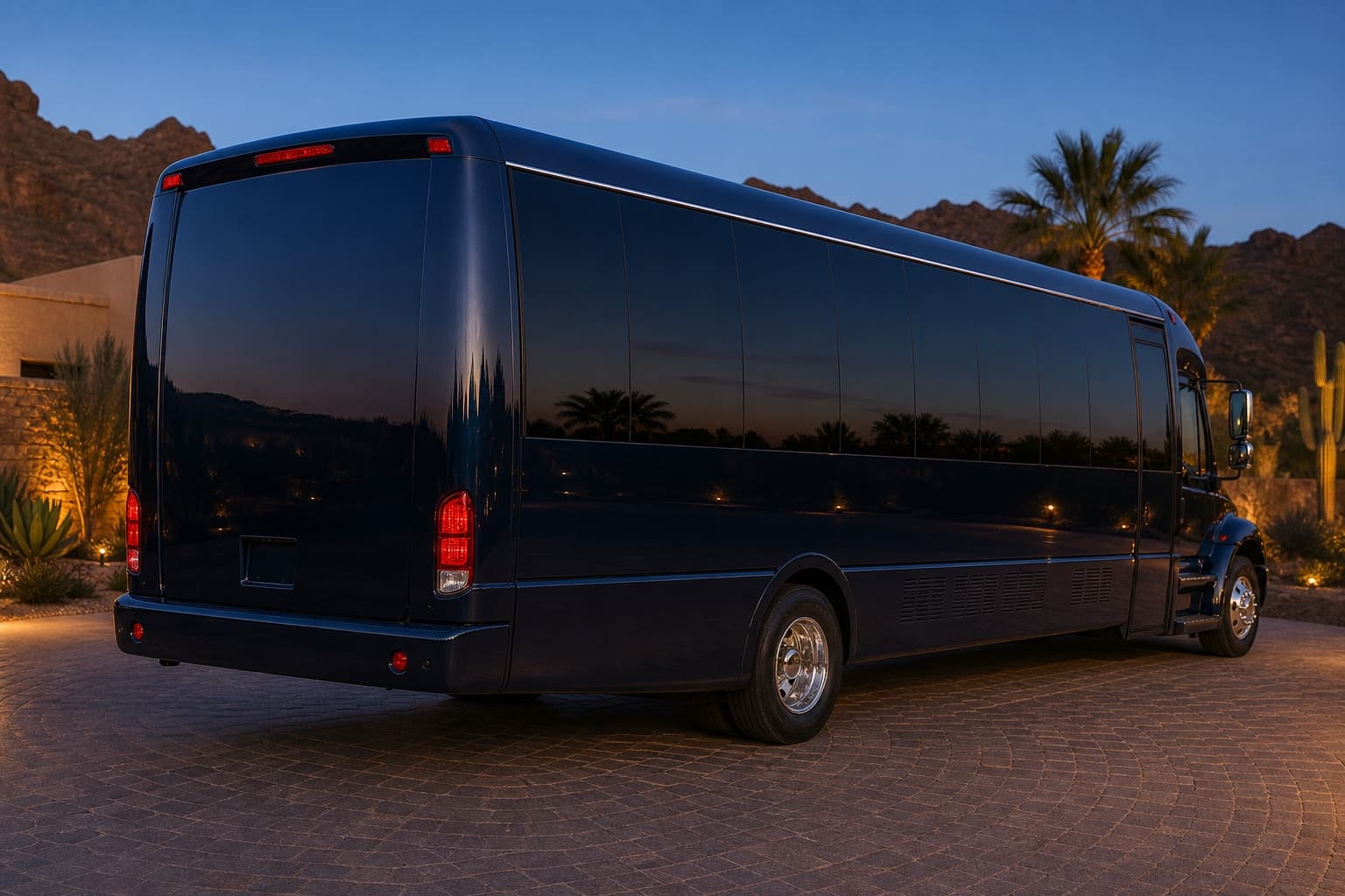 38-passenger party bus at a Scottsdale resort entrance at dusk