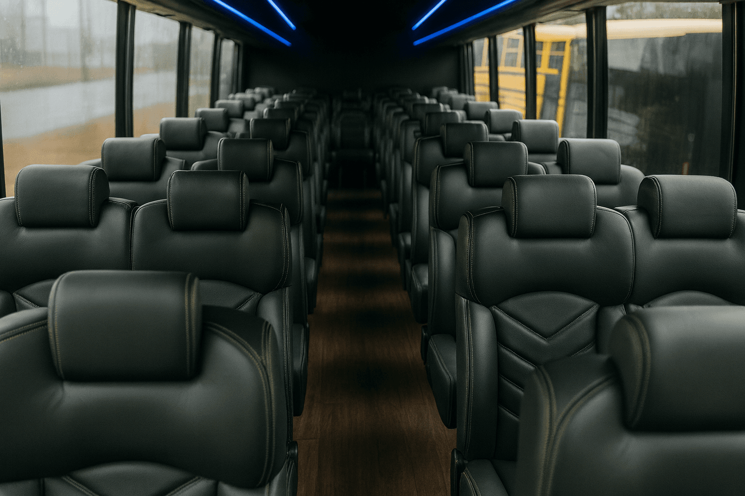 Coach bus interior with rows of forward-facing seats and a center aisle