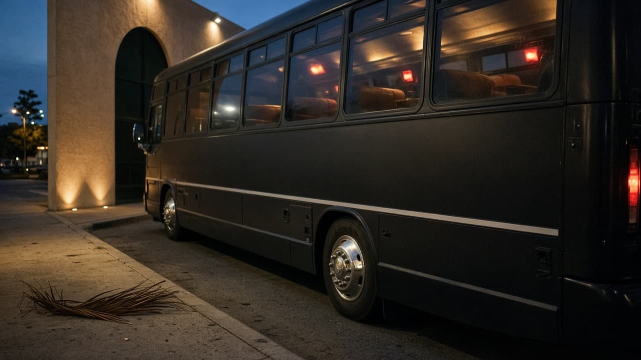 40-passenger party bus rear view beside saguaros and palms at sunset