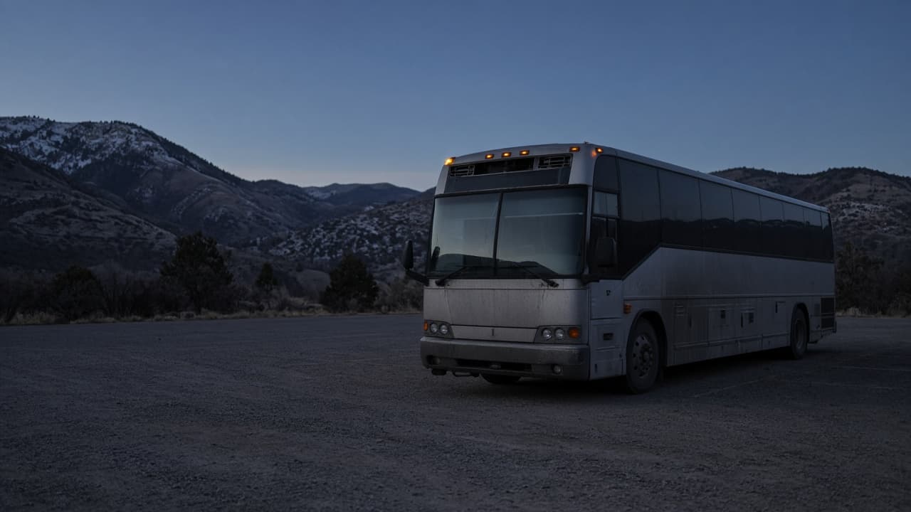 42-passenger shuttle-style coach bus on a paver driveway with desert mountains behind it