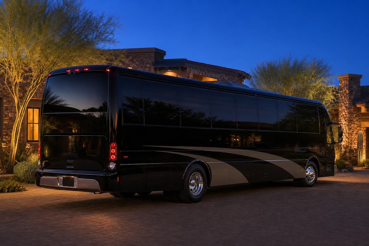 44-passenger shuttle-style coach bus at a Scottsdale resort entrance at dusk