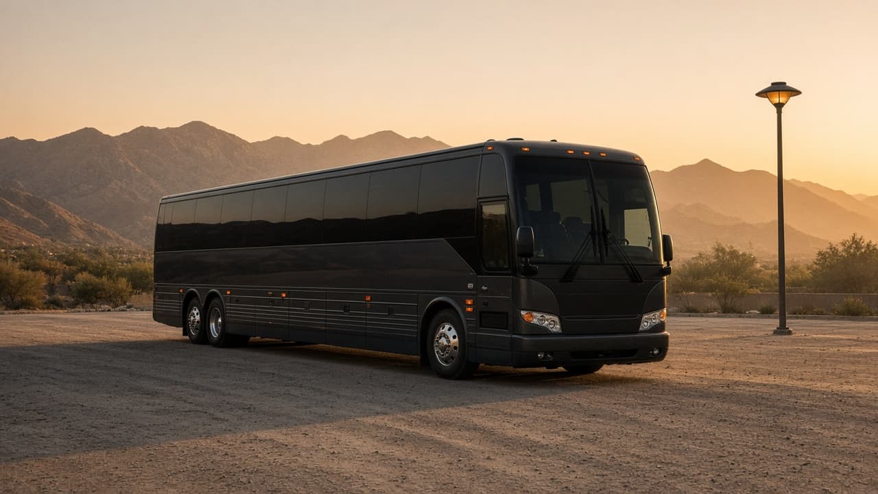 45-passenger party bus parked on a desert resort driveway at twilight