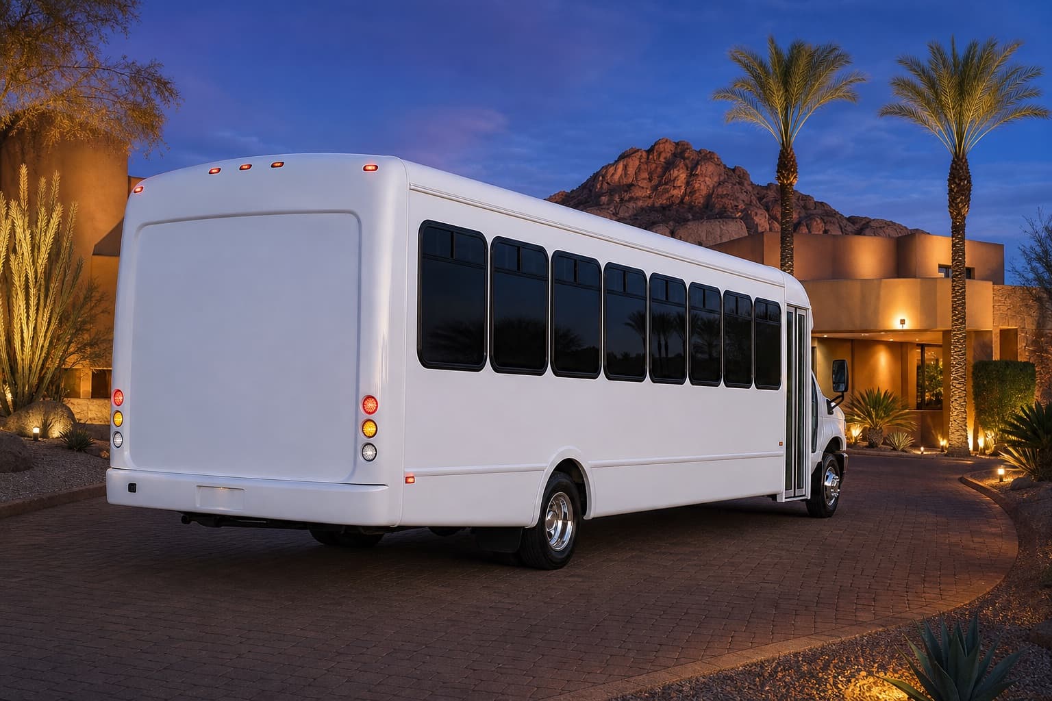 46-passenger shuttle-style coach bus rear view beside saguaros and palms at sunset