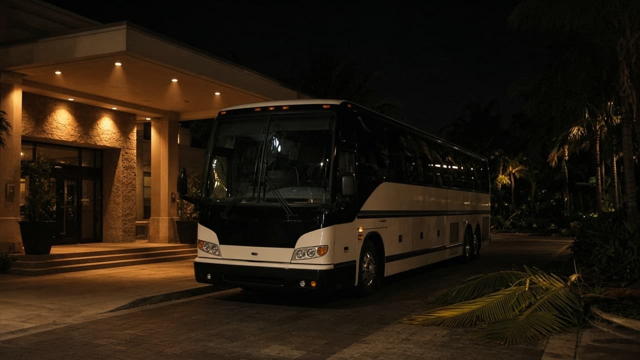 48-passenger coach bus on a paver driveway with desert mountains behind it