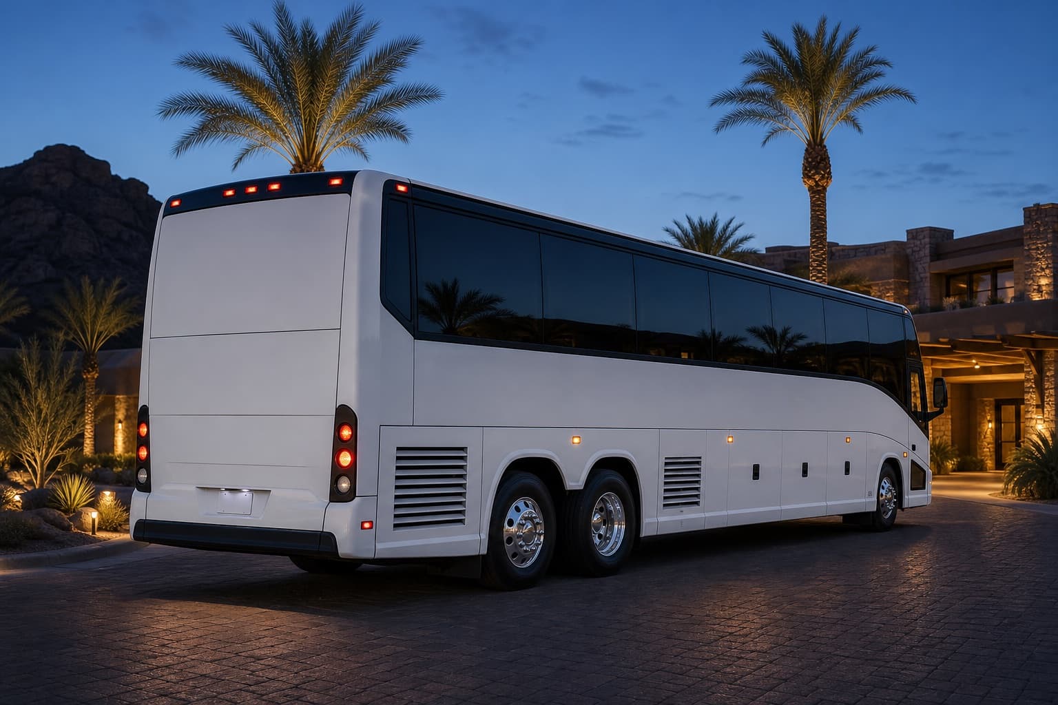 50-passenger coach bus at a Scottsdale resort entrance at dusk