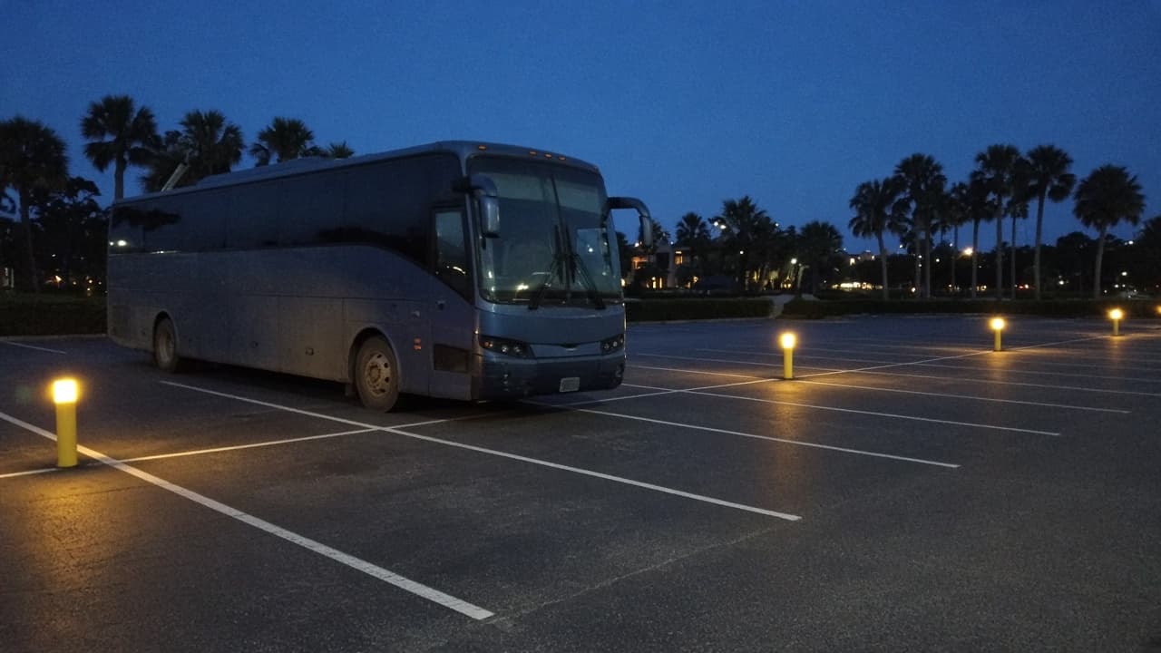 52-passenger coach bus rear view beside saguaros and palms at sunset