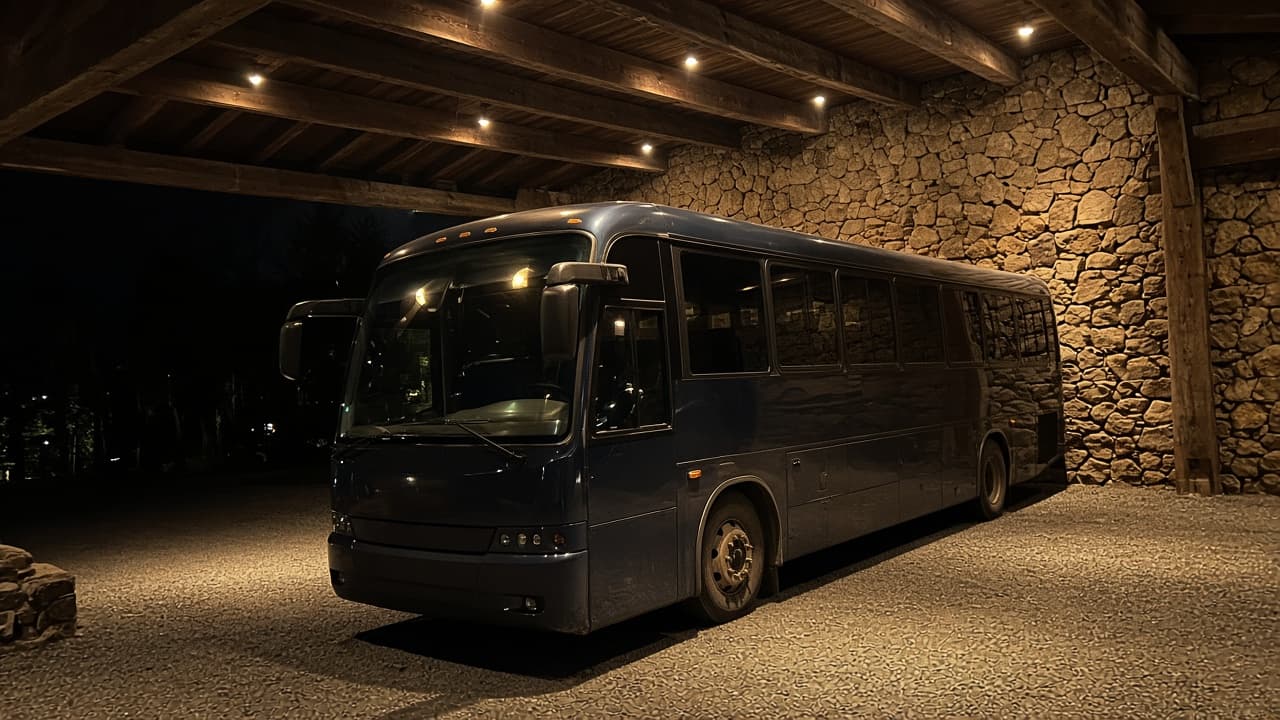 54-passenger coach bus on a paver driveway with desert mountains behind it