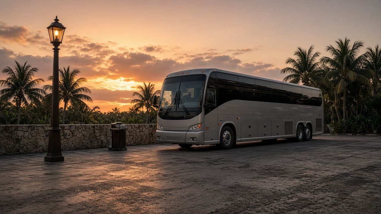 56-passenger coach bus at a Scottsdale resort entrance at dusk