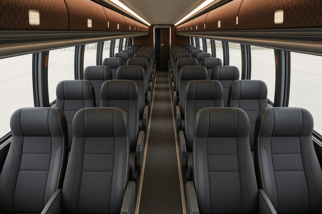 Interior of the 56-Passenger Coach Bus, a common pick for charter services groups