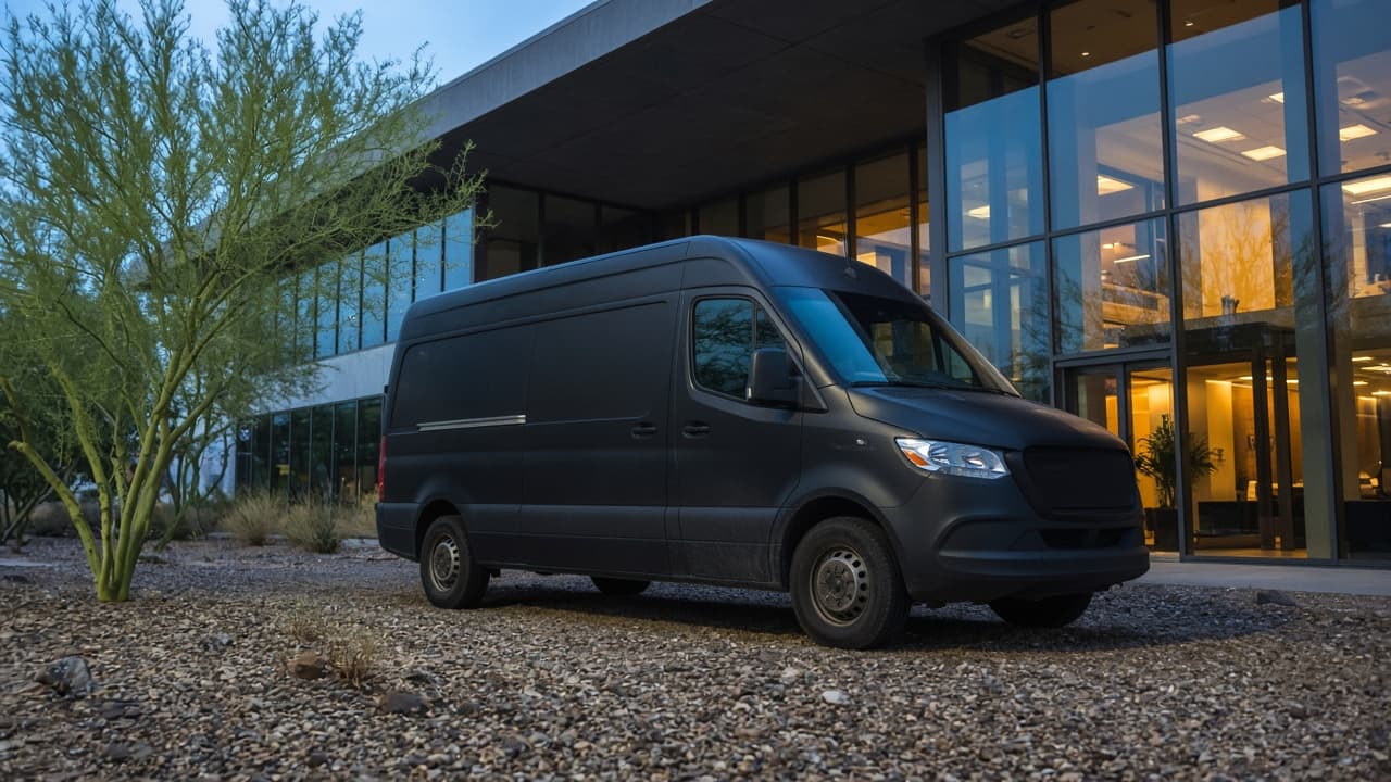 8-passenger executive Sprinter rear view beside saguaros and palms at sunset