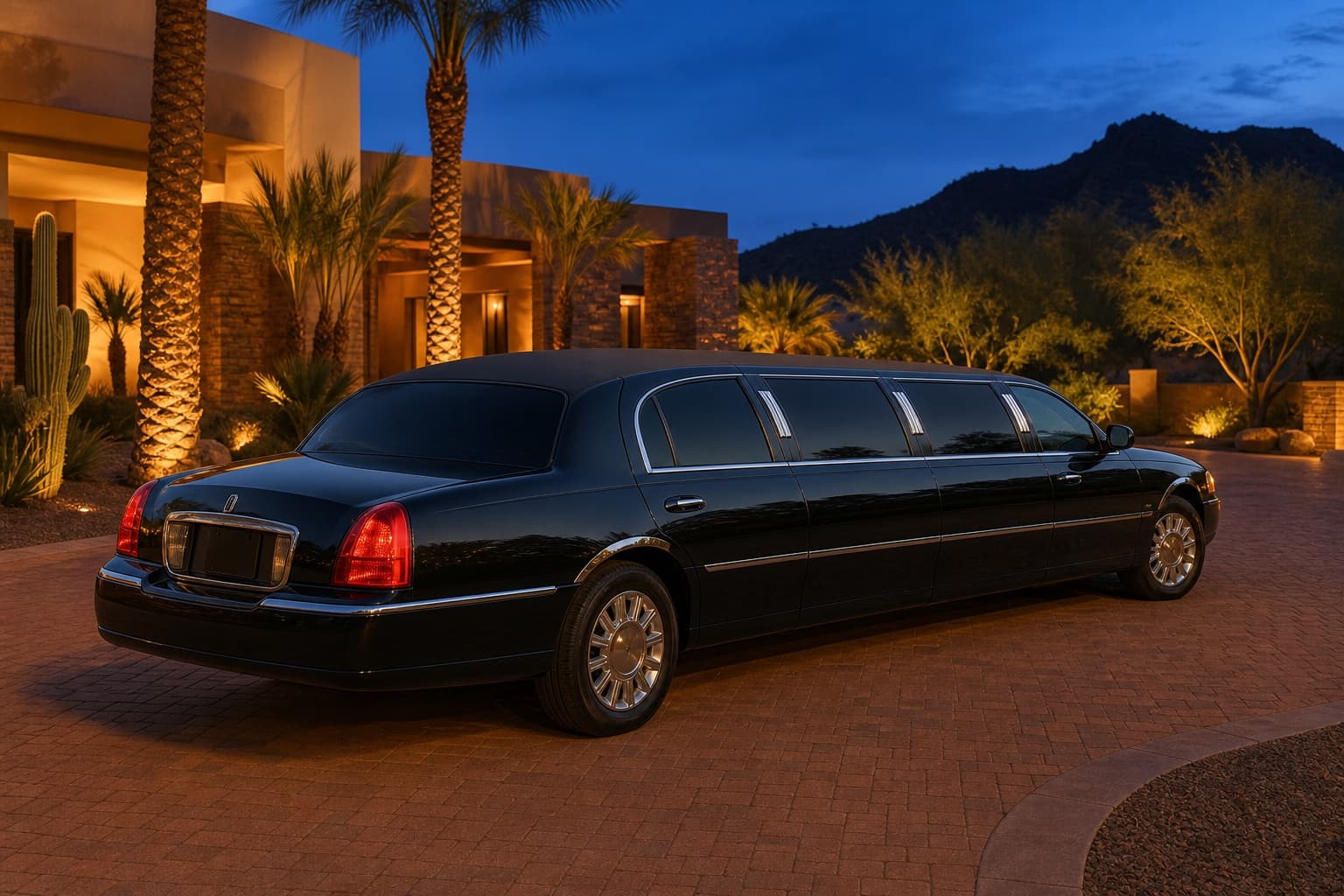 8-passenger stretch limousine at a Scottsdale resort entrance at dusk