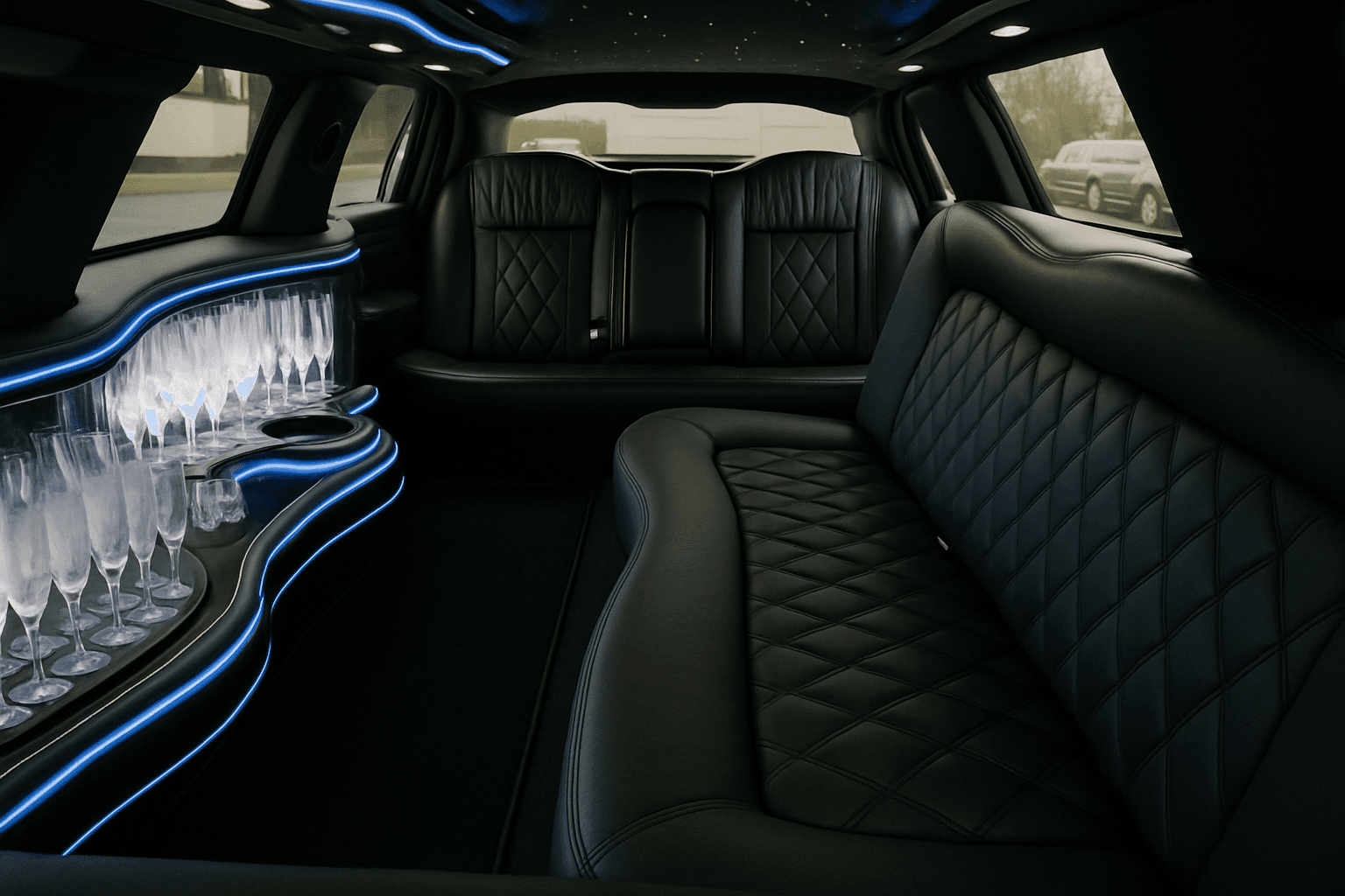 Interior of the 8-Passenger Stretch Limousine, a common pick for anniversary celebrations groups