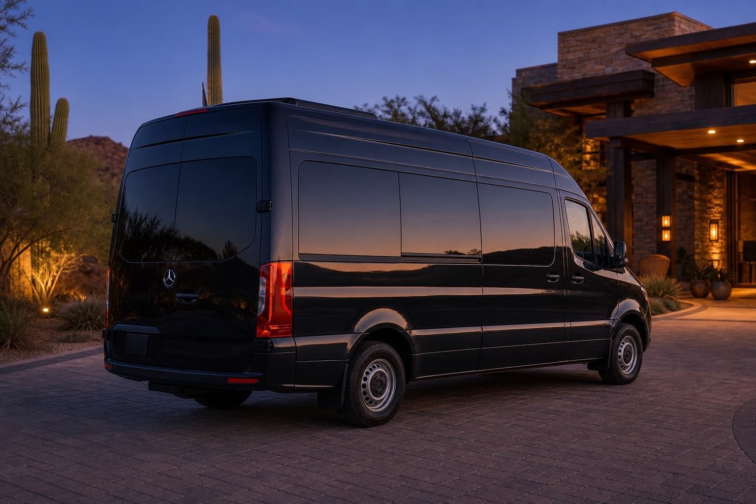 8-passenger limo Sprinter waiting at a resort porte-cochère in the evening