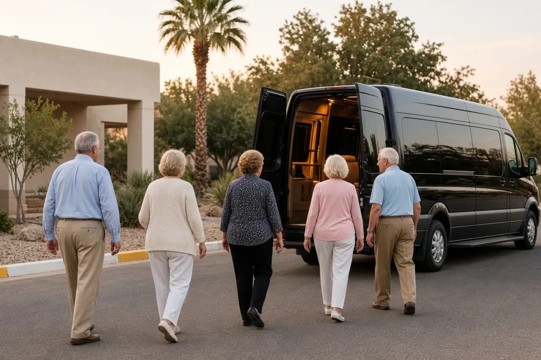 Golf cart lane beside a wide residential boulevard in Sun City West, Arizona at sunset