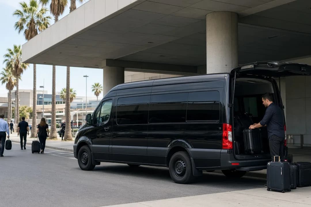 Executive Sprinter loading luggage at a Phoenix airport terminal curb