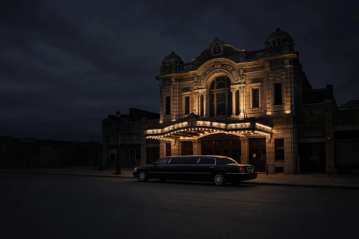 Black stretch limousine at the curb outside a downtown Phoenix theatre at night