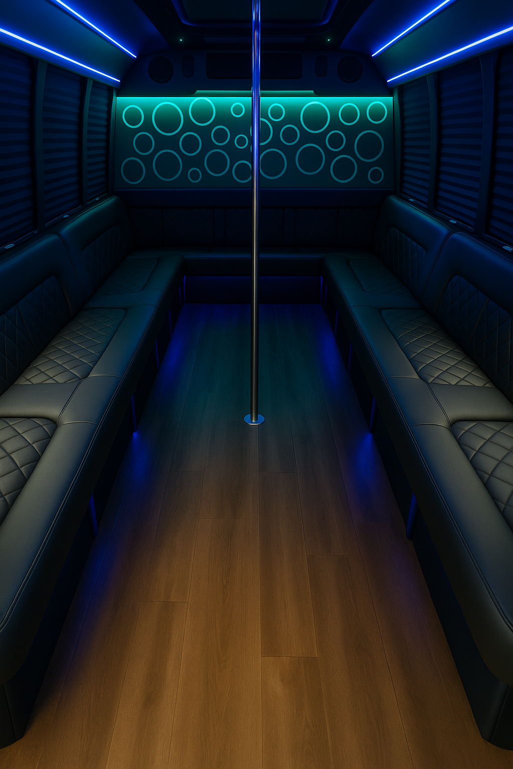 Party bus interior with wraparound seating and LED lighting in Phoenix