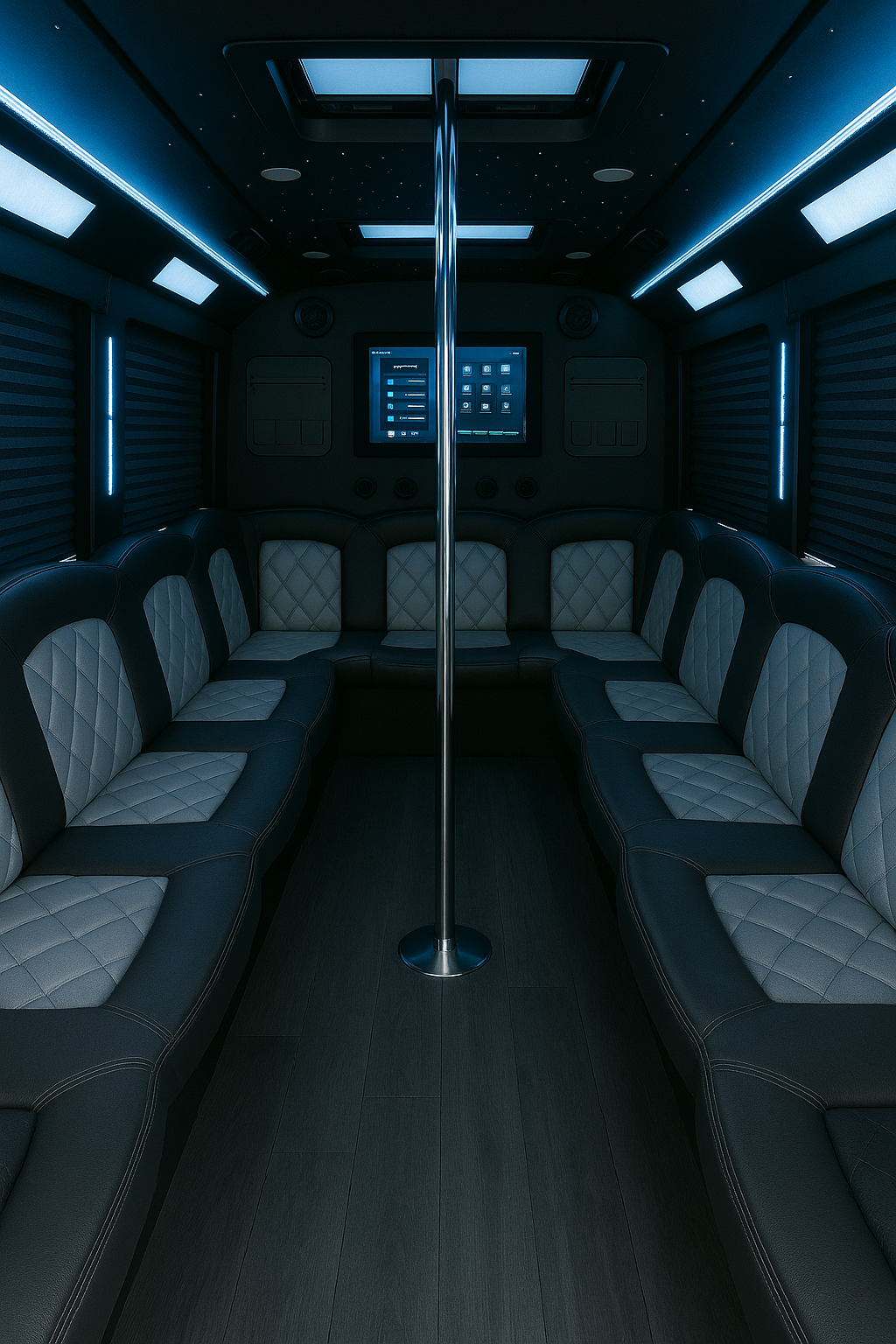 Party bus bar area with ice and bottled water in Phoenix