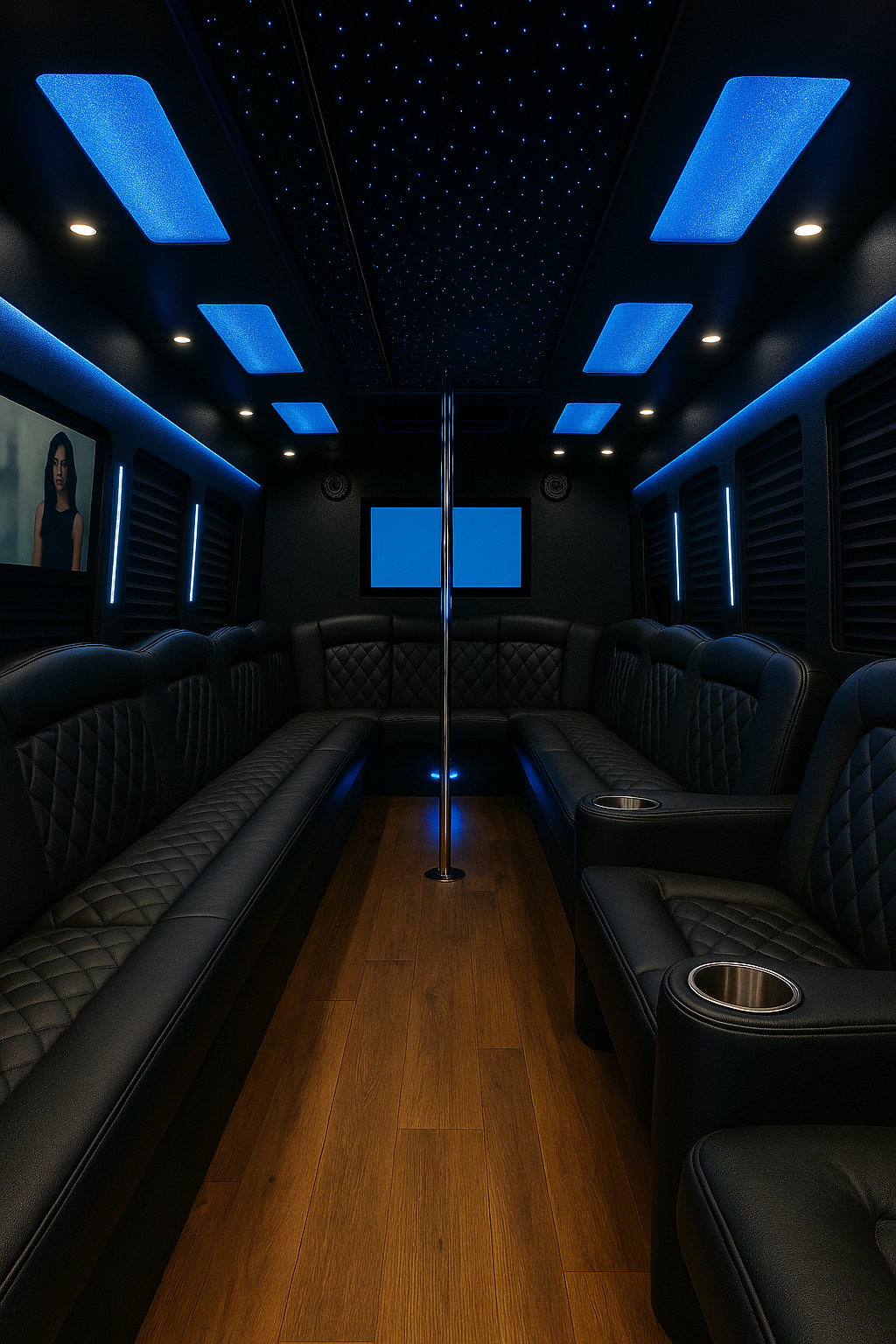 Party bus interior with LED lighting ready for balloon decorations